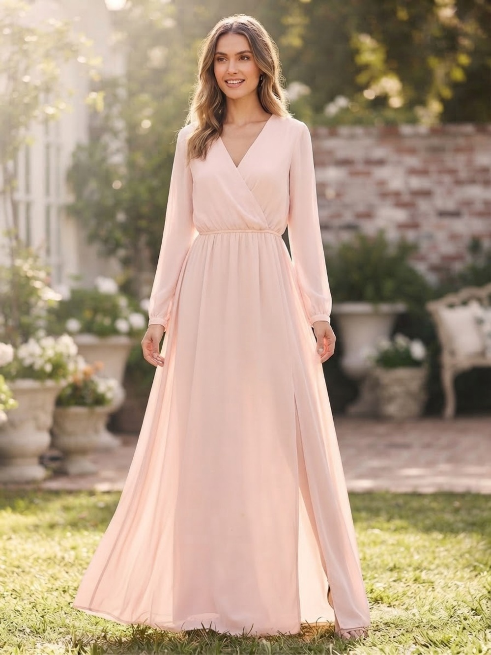 Lulus Blush Pink Long Sleeve Faux-Wrap Maxi Dress with Side Slit – Size L